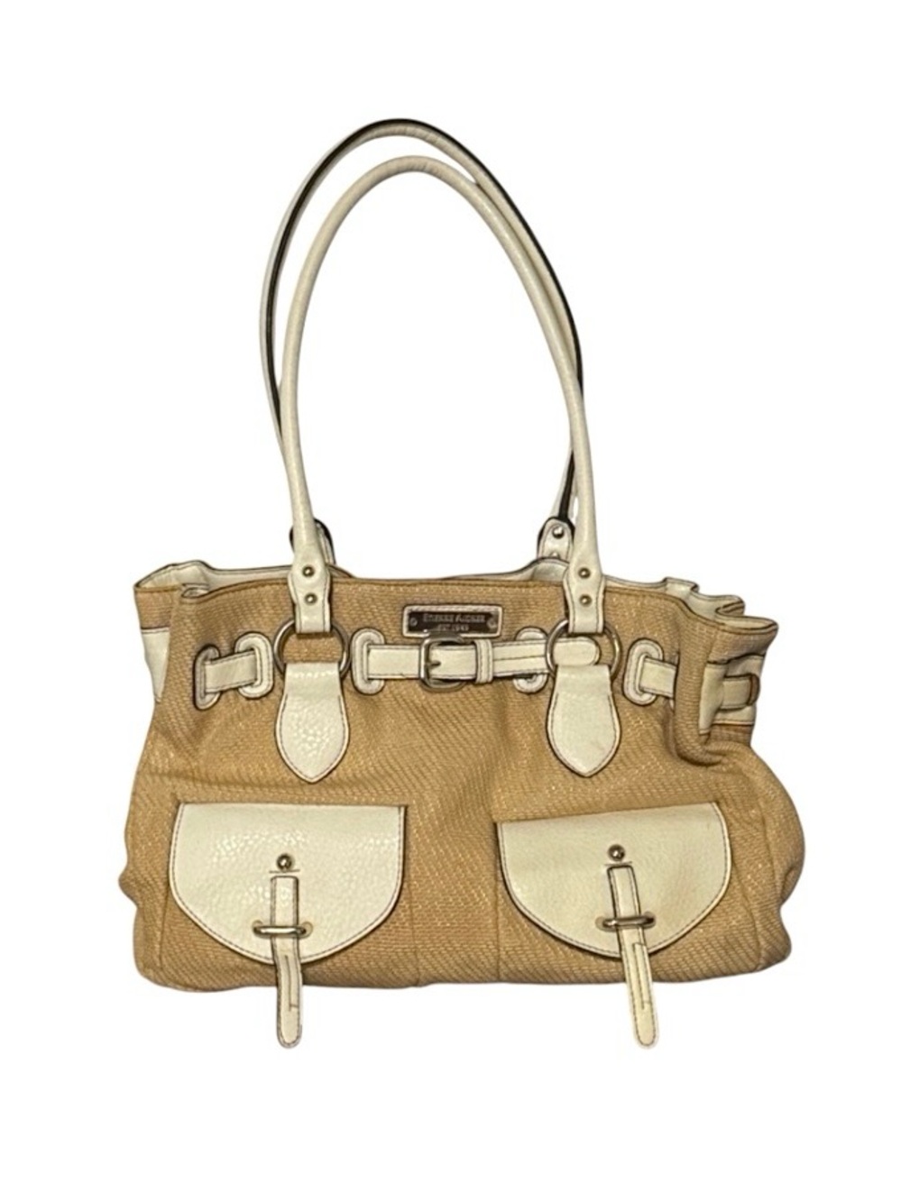 Etienne Aigner Tan satchel fabric and cream faux leather Bag VTG cottagecore